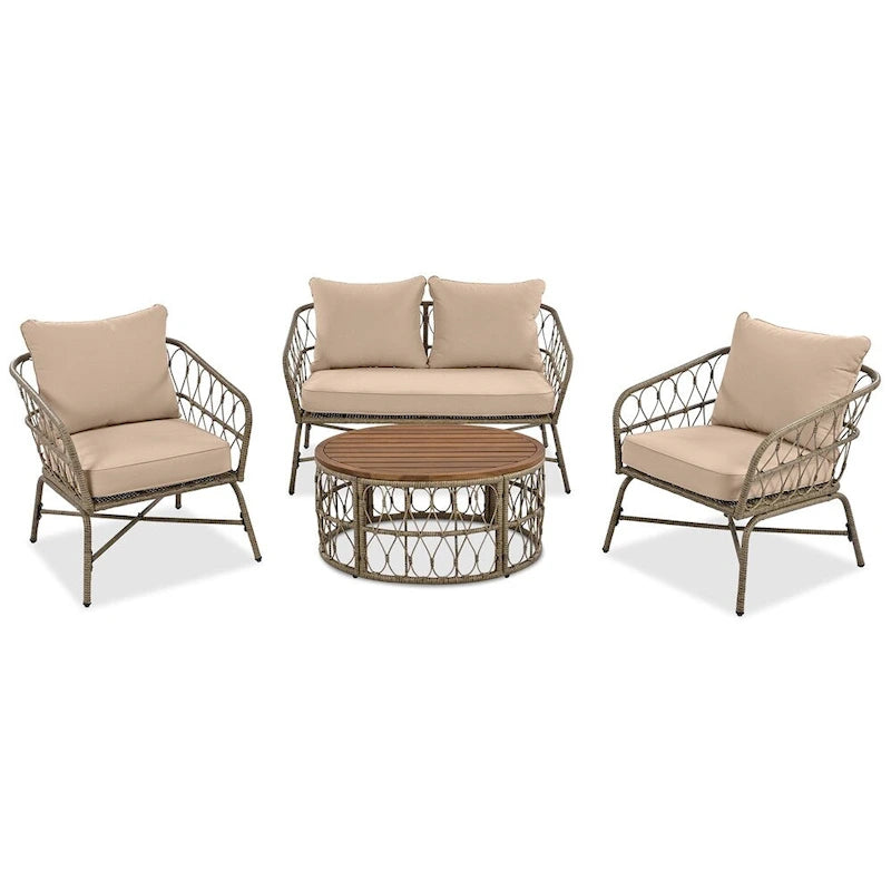 Ensemble de canapé d'extérieur 4 pièces avec coussins amovibles et plateau de table en bois