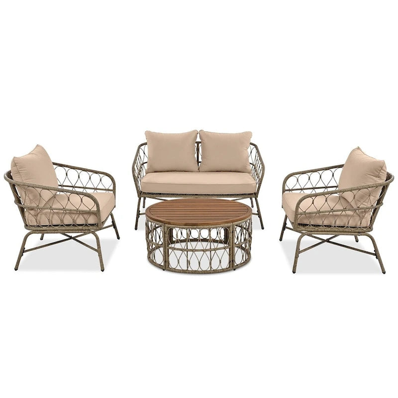 Ensemble de canapé d'extérieur 4 pièces avec coussins amovibles et plateau de table en bois