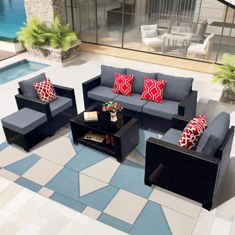 Outdoor Garden Patio Furniture Set, 7-Piece PE Rattan Wicker Sofa and Coffee Table,Gray