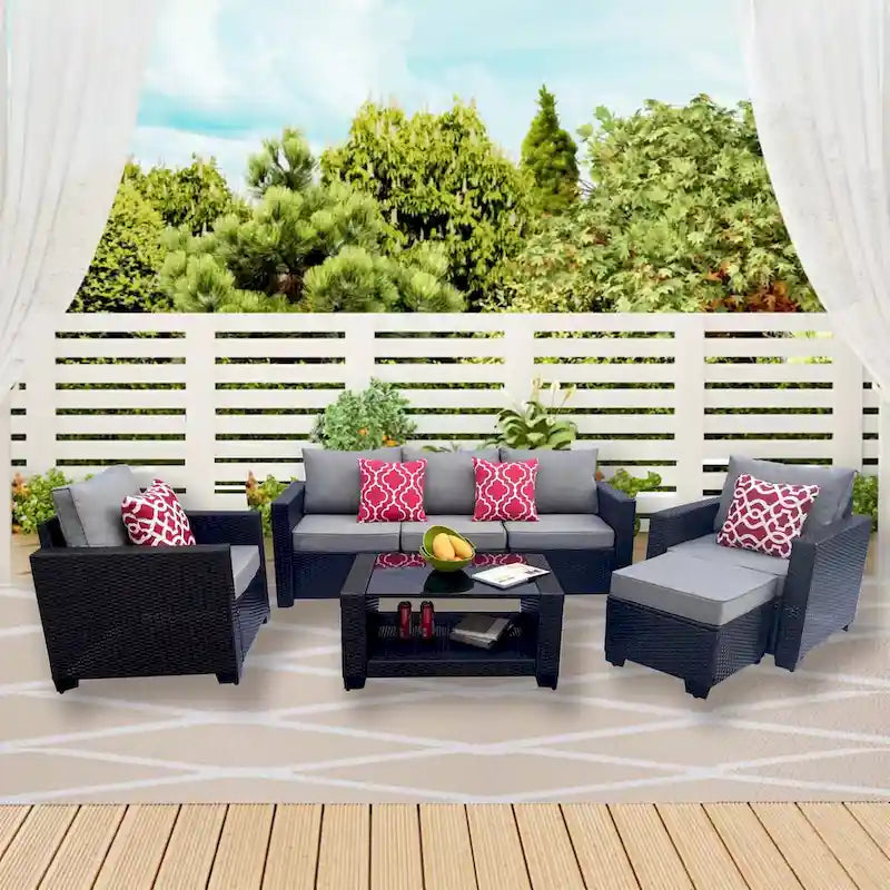 Ensemble de mobilier de jardin pour terrasse, canapé et table basse en rotin PE 7 pièces, gris