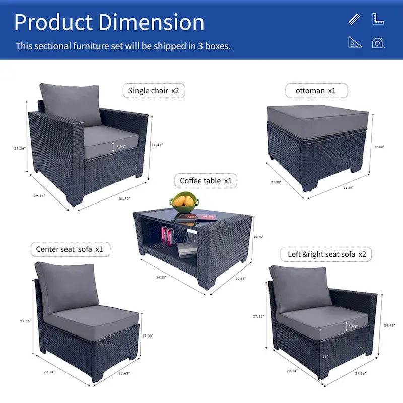 Ensemble de mobilier de jardin pour terrasse, canapé et table basse en rotin PE 7 pièces, gris