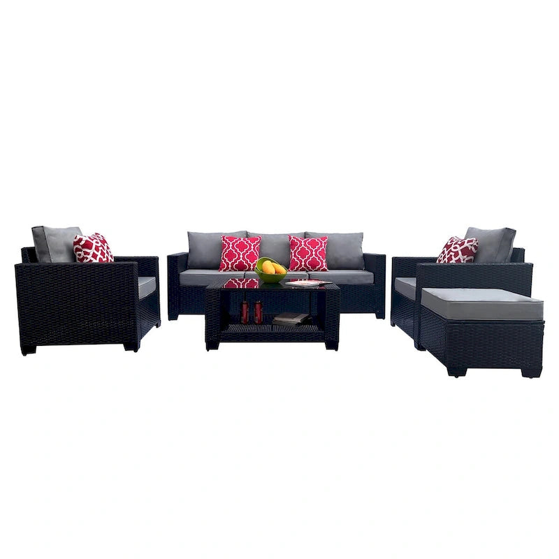 Ensemble de mobilier de jardin pour terrasse, canapé et table basse en rotin PE 7 pièces, gris