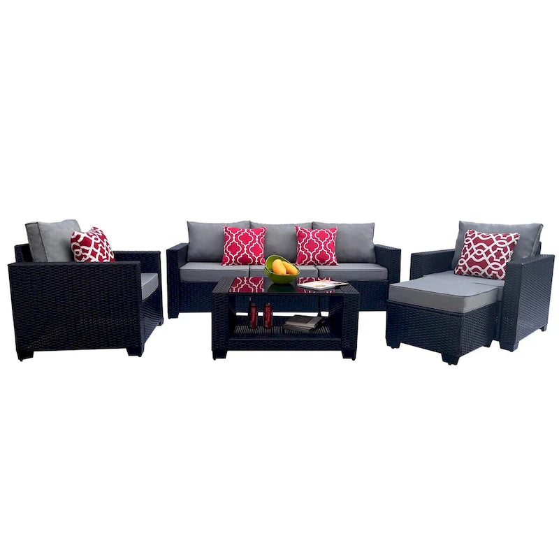 Ensemble de mobilier de jardin pour terrasse, canapé et table basse en rotin PE 7 pièces, gris