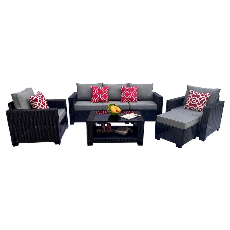 Ensemble de mobilier de jardin pour terrasse, canapé et table basse en rotin PE 7 pièces, gris