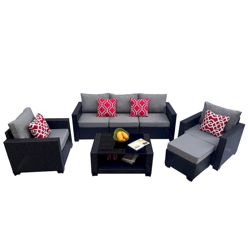 Ensemble de mobilier de jardin pour terrasse, canapé et table basse en rotin PE 7 pièces, gris