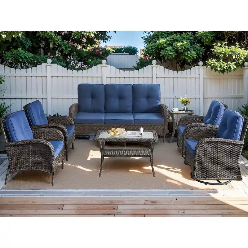 Canapé d'extérieur 7 places en osier avec fauteuils pivotants à bascule - Marron
