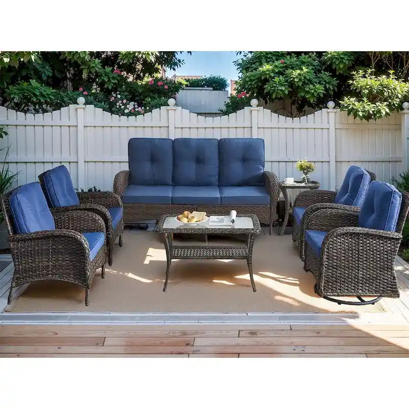 7 Piece Outdoor Wicker Sofa with Swivel Rocking Chairs - Brown