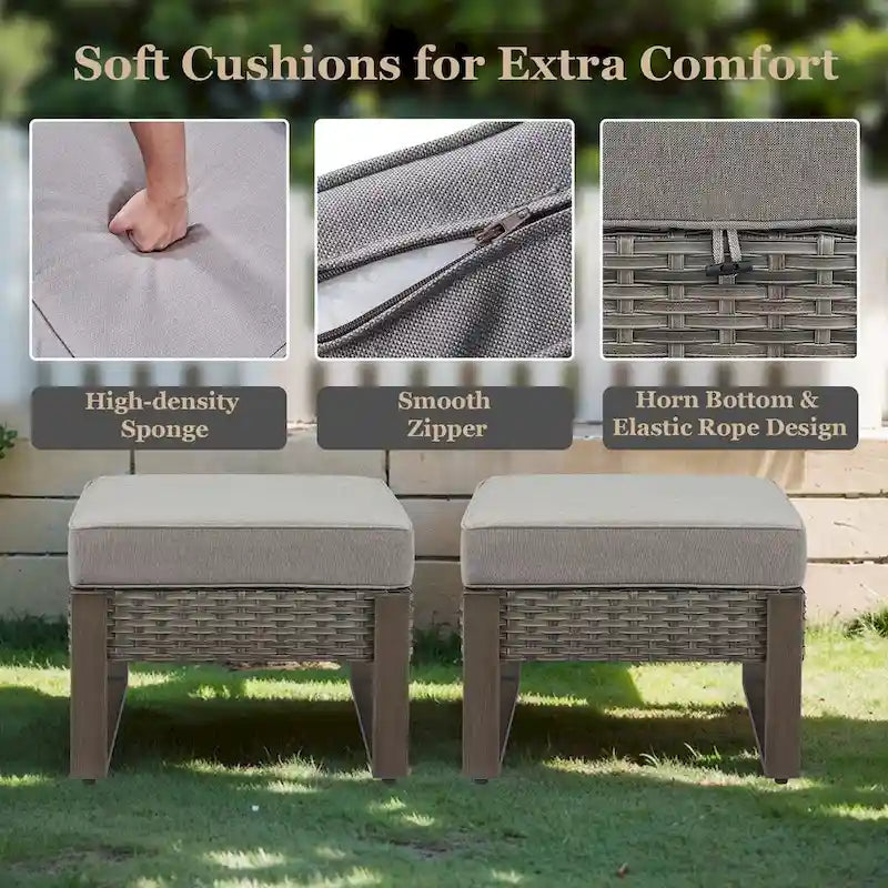 Repose-pieds d'extérieur en rotin PE avec coussin moelleux - Gris