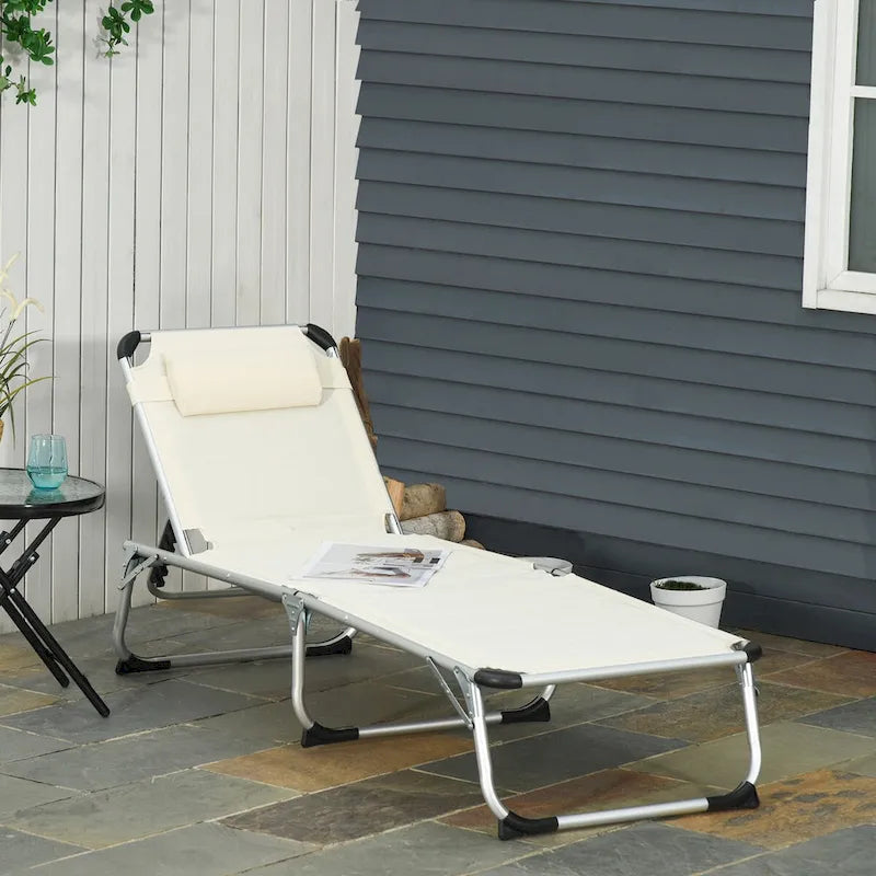 Foldable Outdoor Chaise Lounge Chair,5-Level Reclining Camping Tanning Chair with Aluminum Frame,Padding and Headrest