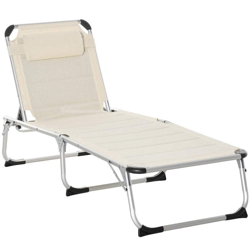 Chaise longue d'extérieur pliable, chaise de camping et de bronzage inclinable sur 5 niveaux avec cadre en aluminium, rembourrage et appuie-tête