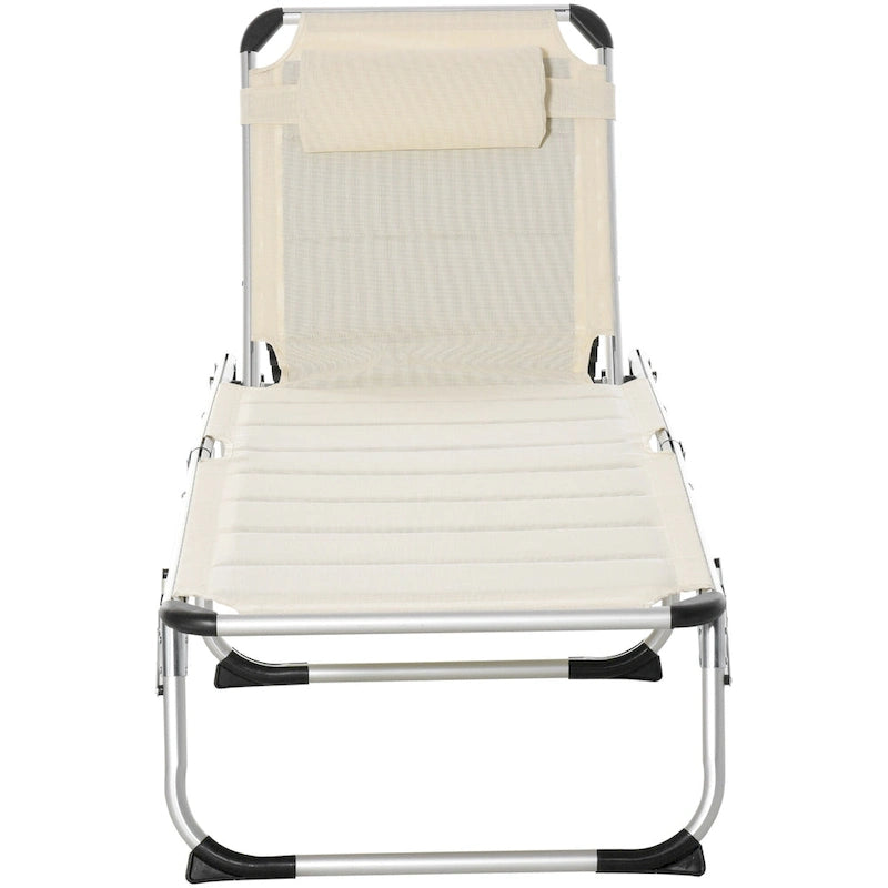 Chaise longue d'extérieur pliable, chaise de camping et de bronzage inclinable sur 5 niveaux avec cadre en aluminium, rembourrage et appuie-tête