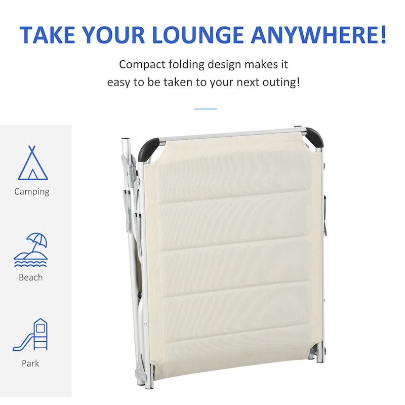 Chaise longue d'extérieur pliable, chaise de camping et de bronzage inclinable sur 5 niveaux avec cadre en aluminium, rembourrage et appuie-tête