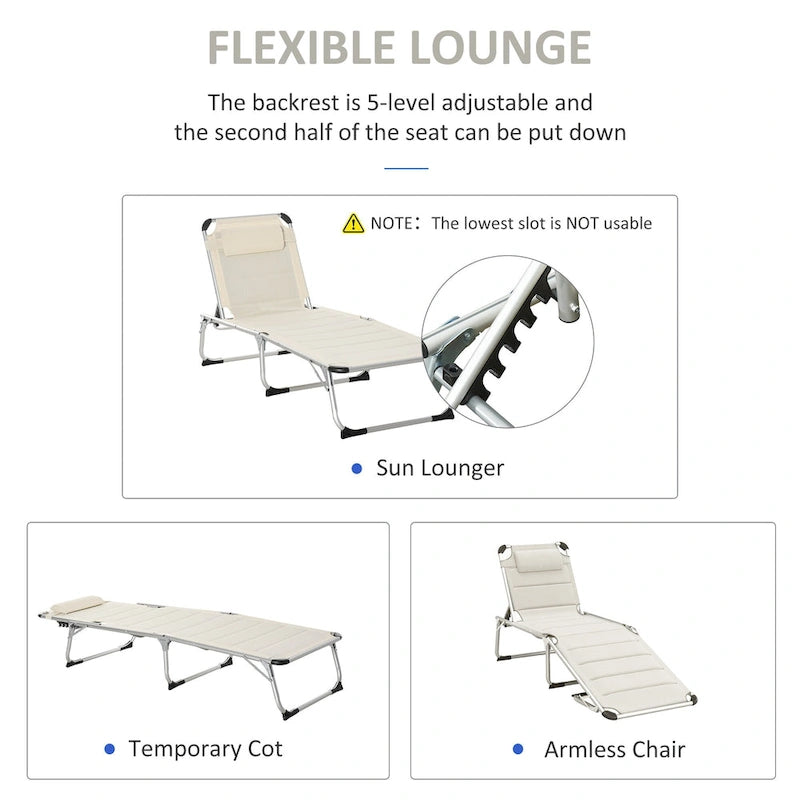 Chaise longue d'extérieur pliable, chaise de camping et de bronzage inclinable sur 5 niveaux avec cadre en aluminium, rembourrage et appuie-tête