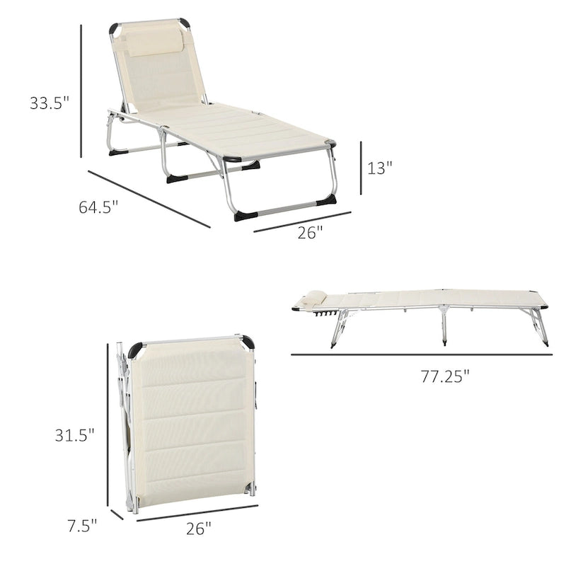 Chaise longue d'extérieur pliable, chaise de camping et de bronzage inclinable sur 5 niveaux avec cadre en aluminium, rembourrage et appuie-tête