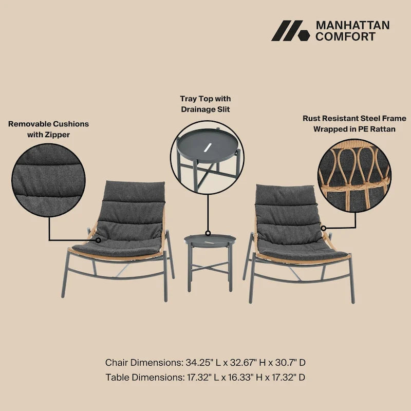 Ensemble de conversation de patio moderne 3 pièces Sunset Manhattan Comfort