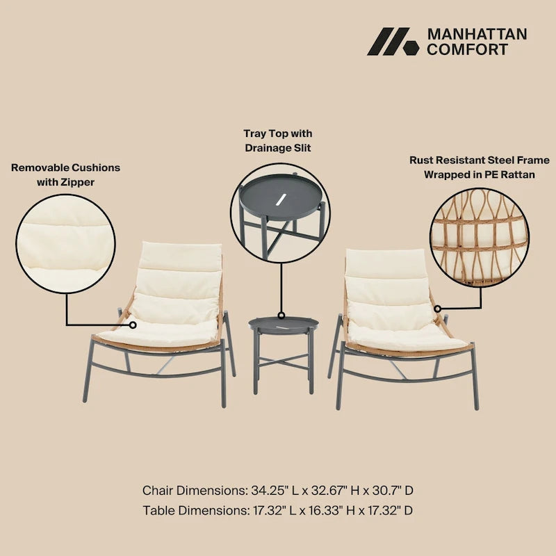 Ensemble de conversation de patio moderne 3 pièces Sunset Manhattan Comfort