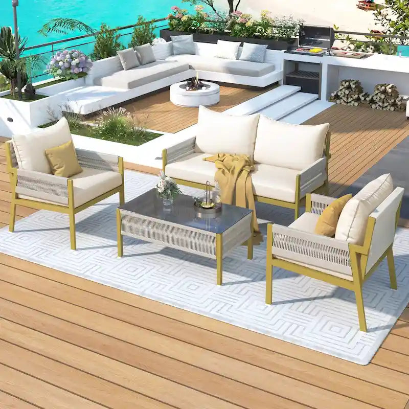 Ensemble de meubles de patio en corde 4 pièces, mobilier d'extérieur avec table, ensemble de conversation de patio avec sièges profonds pour balcon