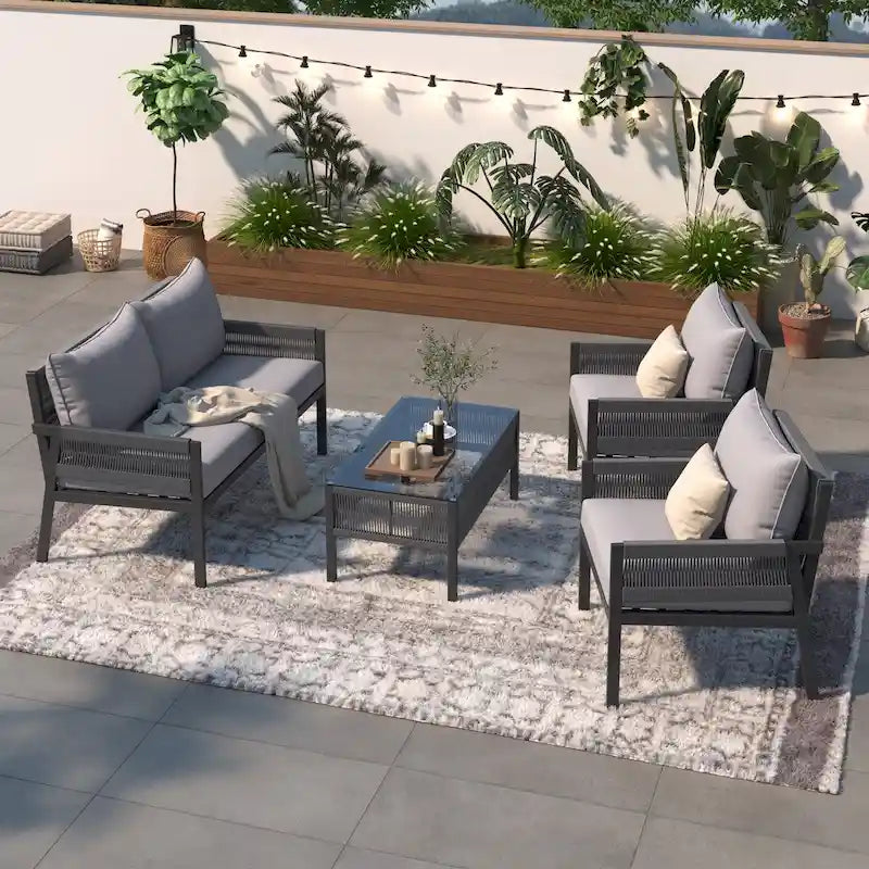 4-Piece Rope Patio Furniture Set, Outdoor Furniture with Table, Patio Conversation Set Deep Seating for Balcony