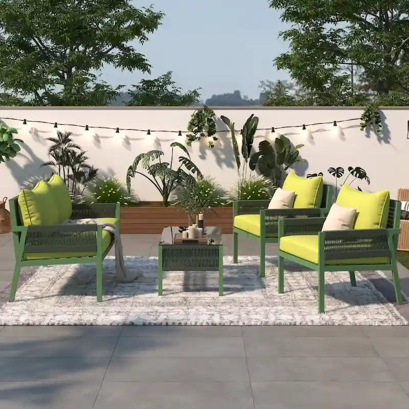Ensemble de meubles de patio en corde 4 pièces, mobilier d'extérieur avec table, ensemble de conversation de patio avec sièges profonds pour balcon