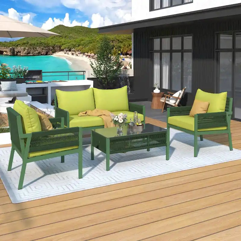 Ensemble de meubles de patio en corde 4 pièces, mobilier d'extérieur avec table, ensemble de conversation de patio avec sièges profonds pour balcon