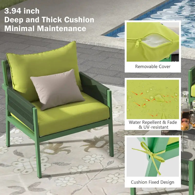 Ensemble de meubles de patio en corde 4 pièces, mobilier d'extérieur avec table, ensemble de conversation de patio avec sièges profonds pour balcon