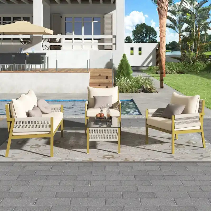 Ensemble de meubles de patio en corde 4 pièces, mobilier d'extérieur avec table, ensemble de conversation de patio avec sièges profonds pour balcon