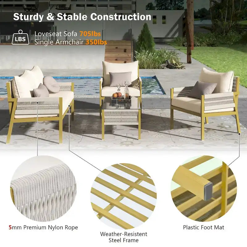 Ensemble de meubles de patio en corde 4 pièces, mobilier d'extérieur avec table, ensemble de conversation de patio avec sièges profonds pour balcon