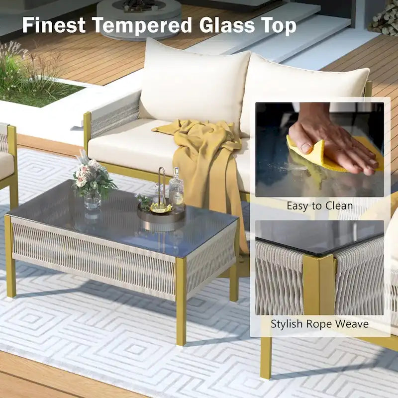Ensemble de meubles de patio en corde 4 pièces, mobilier d'extérieur avec table, ensemble de conversation de patio avec sièges profonds pour balcon