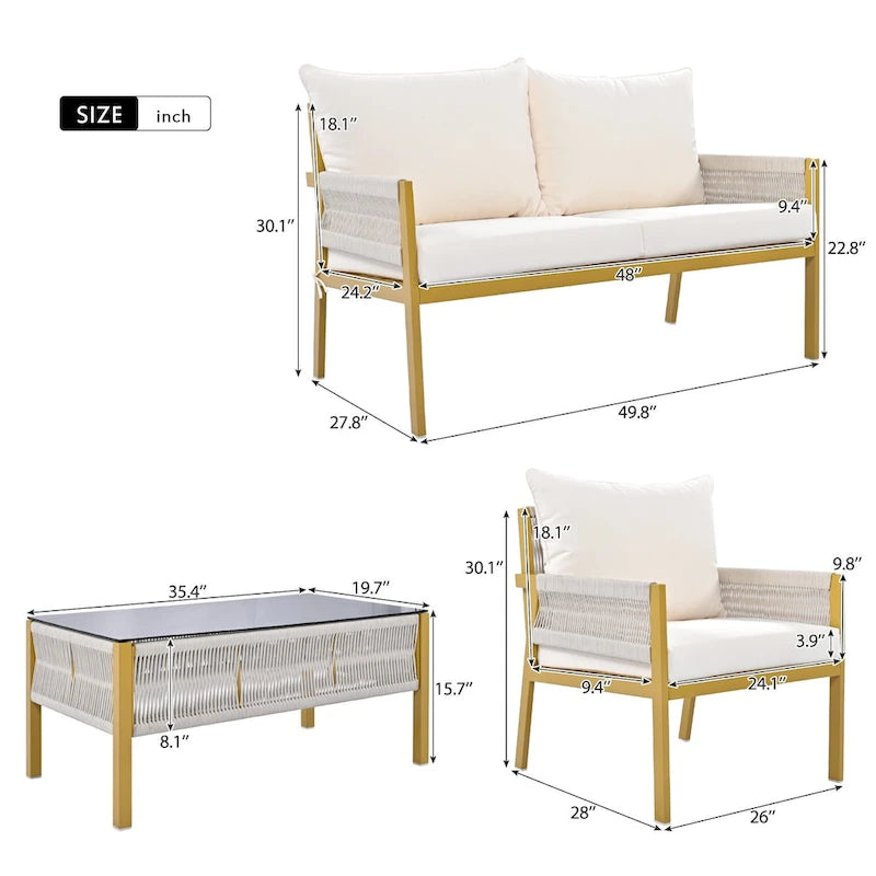 Ensemble de meubles de patio en corde 4 pièces, mobilier d'extérieur avec table, ensemble de conversation de patio avec sièges profonds pour balcon