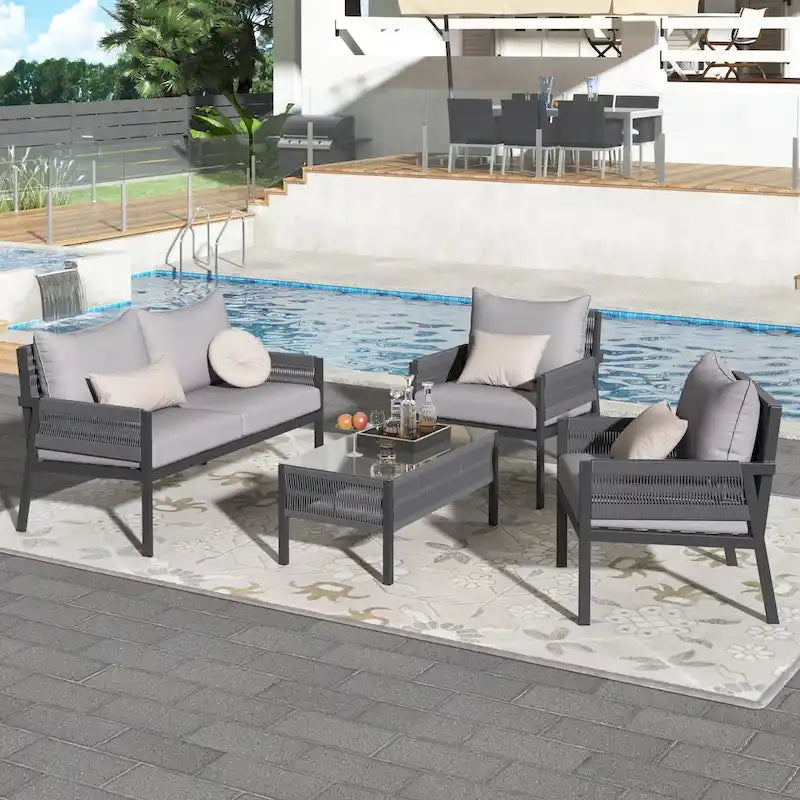Ensemble de meubles de patio en corde 4 pièces, mobilier d'extérieur avec table, ensemble de conversation de patio avec sièges profonds pour balcon
