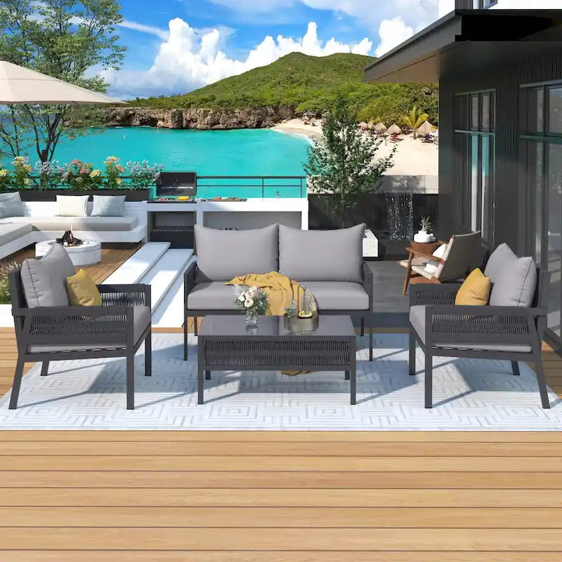 Ensemble de meubles de patio en corde 4 pièces, mobilier d'extérieur avec table, ensemble de conversation de patio avec sièges profonds pour balcon