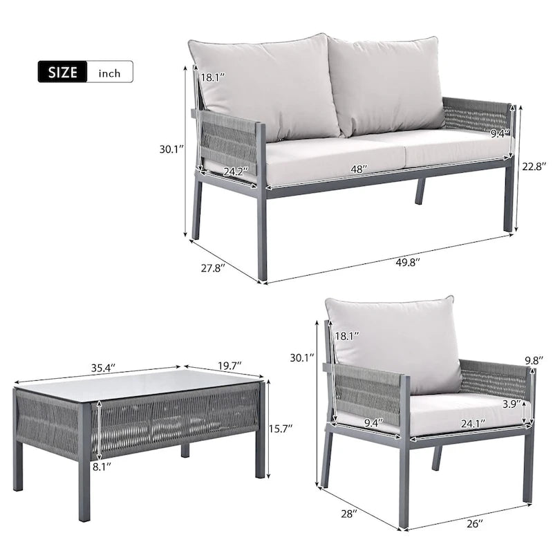 Ensemble de meubles de patio en corde 4 pièces, mobilier d'extérieur avec table, ensemble de conversation de patio avec sièges profonds pour balcon