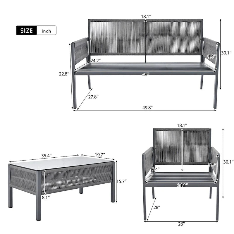 Ensemble de meubles de patio en corde 4 pièces, mobilier d'extérieur avec table, ensemble de conversation de patio avec sièges profonds pour balcon