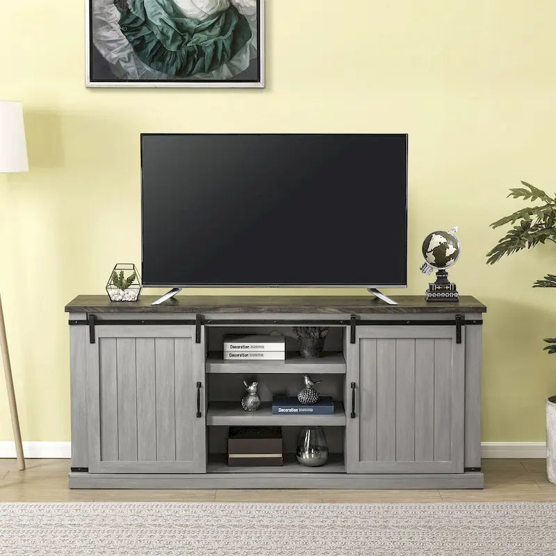 Meuble TV en bois rustique de 173 cm avec portes de grange, pour téléviseurs jusqu'à 75 pouces
