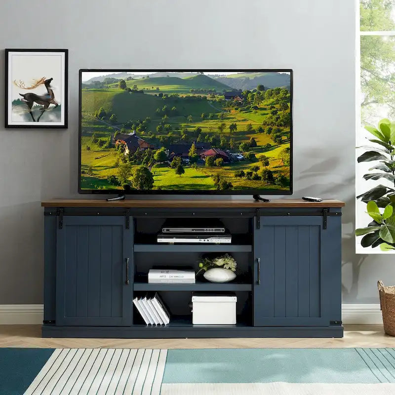 Meuble TV en bois rustique de 173 cm avec portes de grange, pour téléviseurs jusqu'à 75 pouces