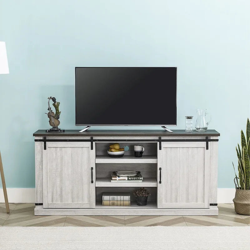 Meuble TV en bois rustique de 173 cm avec portes de grange, pour téléviseurs jusqu'à 75 pouces