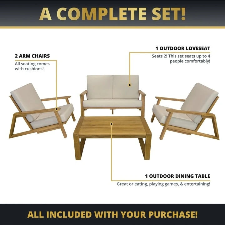 Kinger Home Ezra, ensemble de mobilier de terrasse 4 pièces pour 4 personnes, cadre en bois de teck