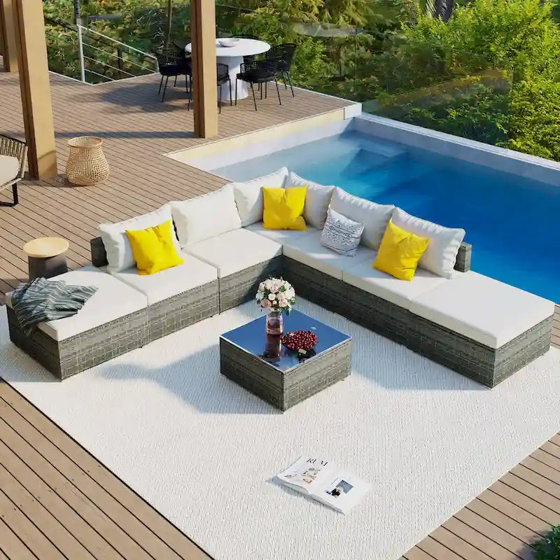 Beige Stylish 8-Piece Outdoor Patio Furniture Set with Tempered Glass Table