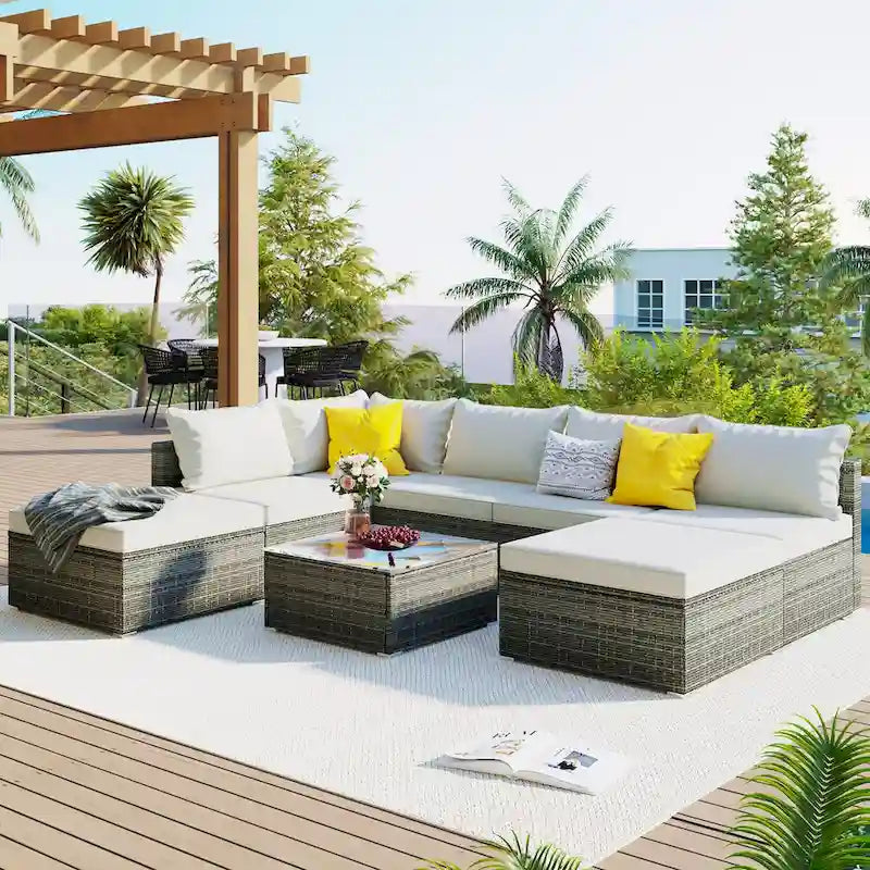 Ensemble de meubles de jardin élégant 8 pièces beige avec table en verre trempé
