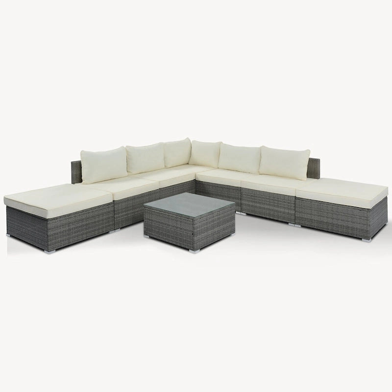 Ensemble de meubles de jardin élégant 8 pièces beige avec table en verre trempé