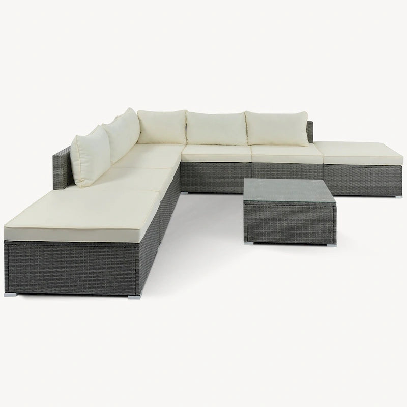Ensemble de meubles de jardin élégant 8 pièces beige avec table en verre trempé