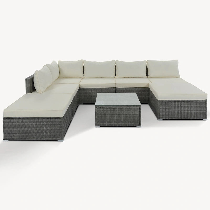 Ensemble de meubles de jardin élégant 8 pièces beige avec table en verre trempé