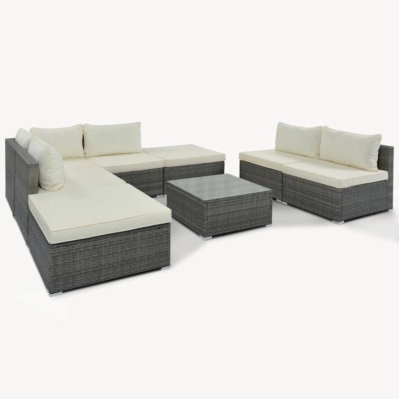 Ensemble de meubles de jardin élégant 8 pièces beige avec table en verre trempé
