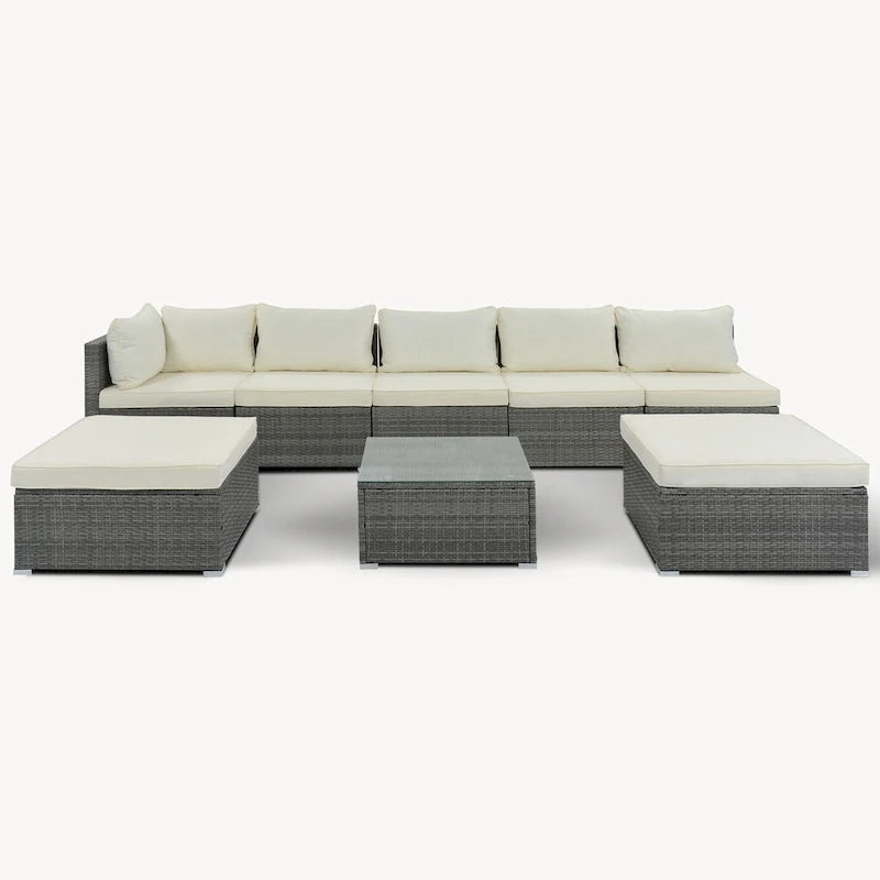 Ensemble de meubles de jardin élégant 8 pièces beige avec table en verre trempé