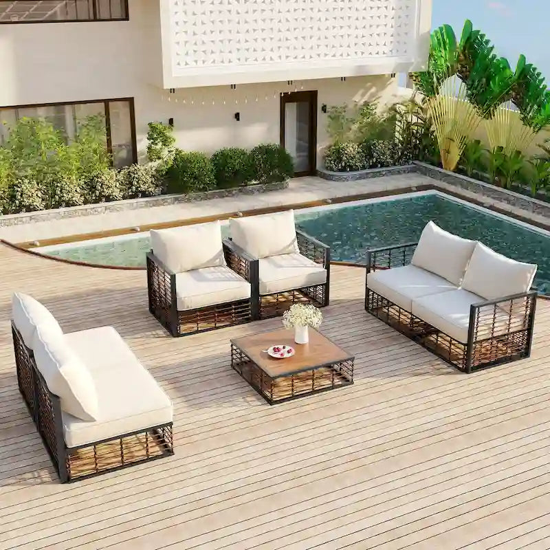 Ensemble de canapé d'angle de jardin 7 pièces en métal Nestfair avec coussins épais et table basse