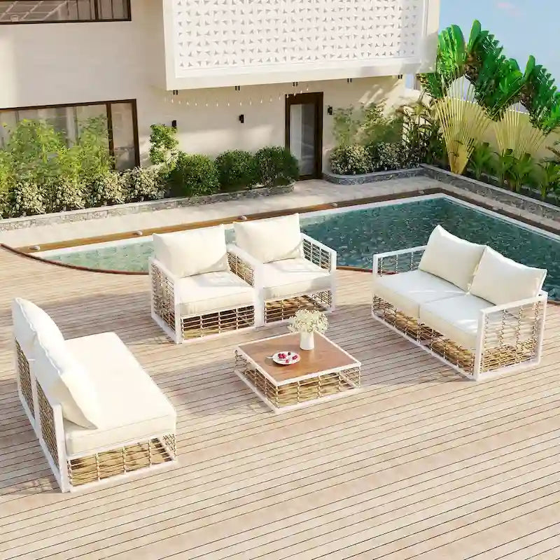 Ensemble de canapé d'angle de jardin 7 pièces en métal Nestfair avec coussins épais et table basse