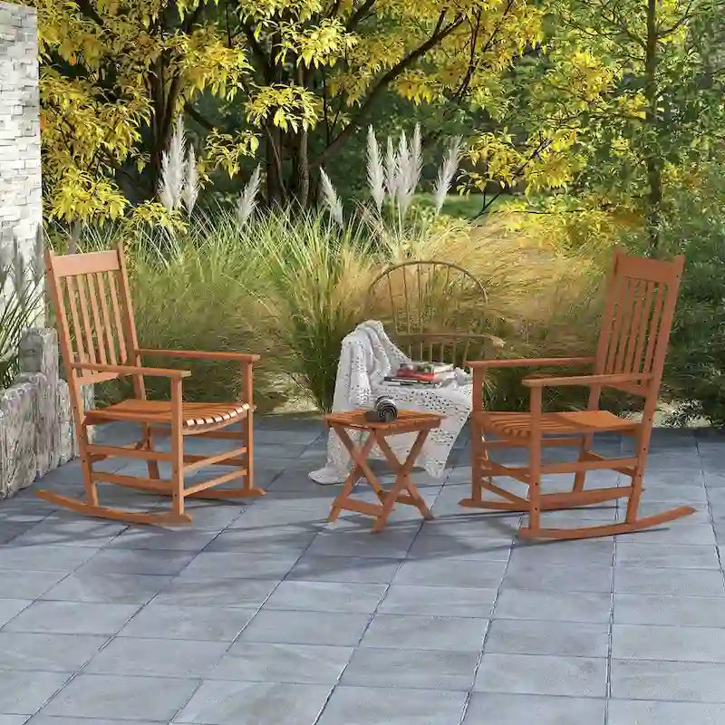 Outdoor Rocking Chair Set of 2 with Side Table, Patio Wooden Rocking Chair