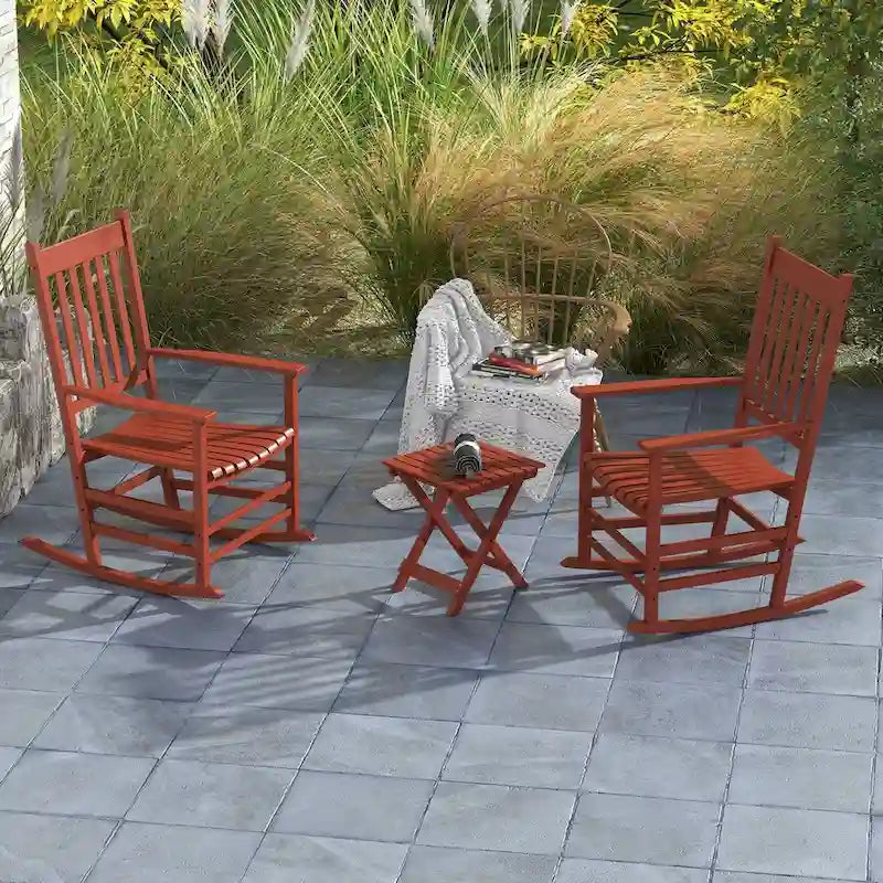 Ensemble de 2 chaises à bascule d'extérieur avec table d'appoint, chaises à bascule de patio en bois