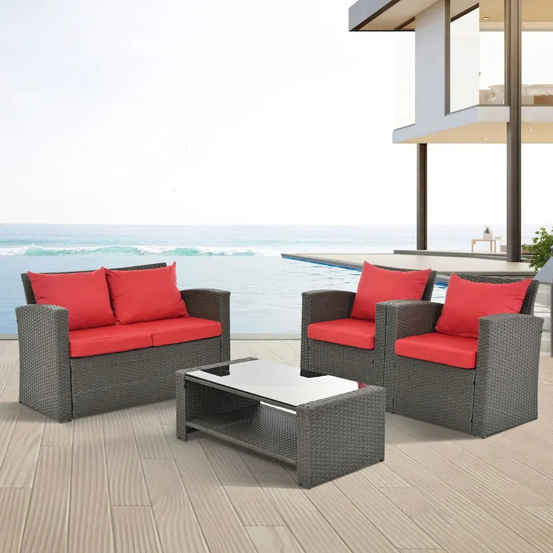 Ensemble de conversation 4 pièces rouge pour patio extérieur