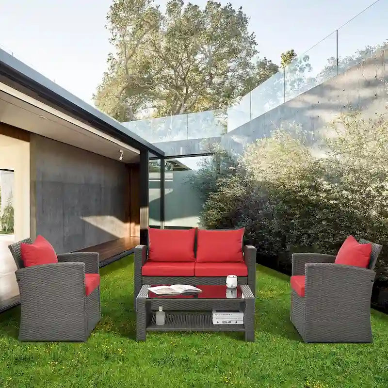 Ensemble de conversation 4 pièces rouge pour patio extérieur